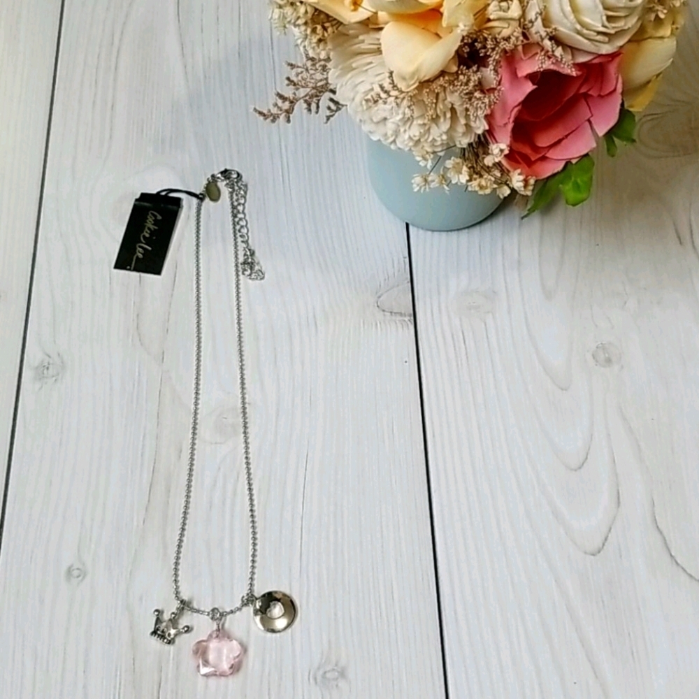 Cookie Lee girls silver princess crown and pink flower necklace NWT